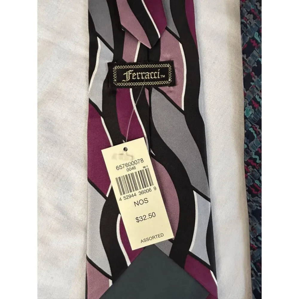 Ferracci Tie Lot of Two, One NWT, One Used & Silk Blue/Purple/Gray, Geometric